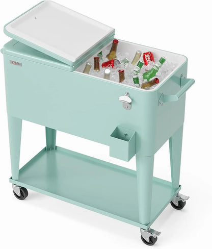 80 Quart Rolling Patio Party Bar Drink Cooler Cart, with Shelf and  Bottle Opener