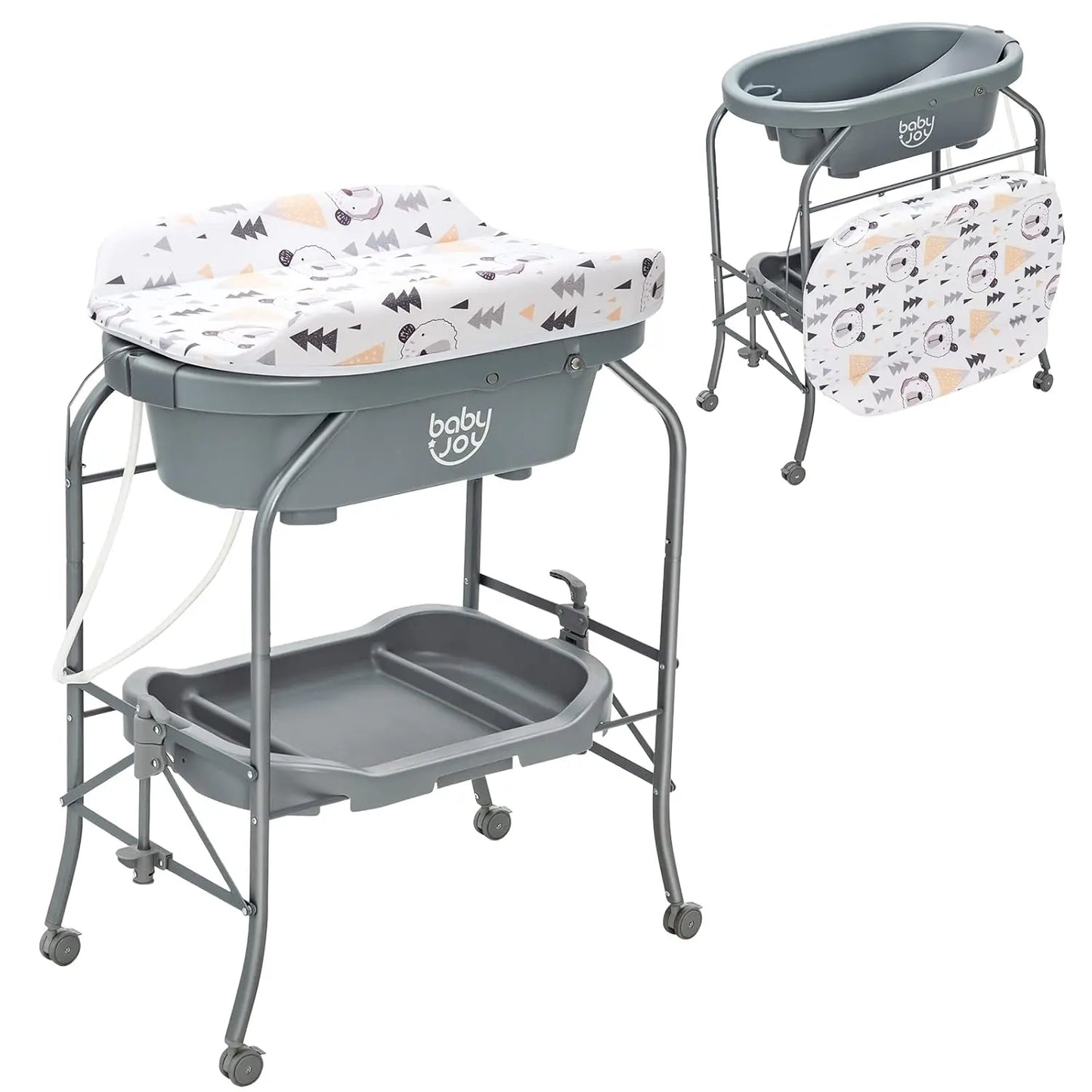 Bathtub with Foldable Infant Diaper Changing Station, Storage Tray and Waterproof Pad.