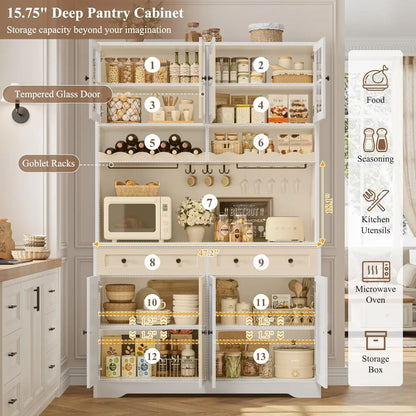 Tall Pantry Hutch Cabinet with Microwave Stand and Wine Racks