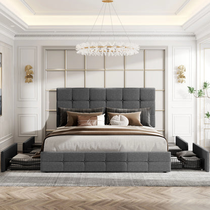 Adjustable Square Stitched Button Platform Headboard Bed Frame with 4 Drawers,