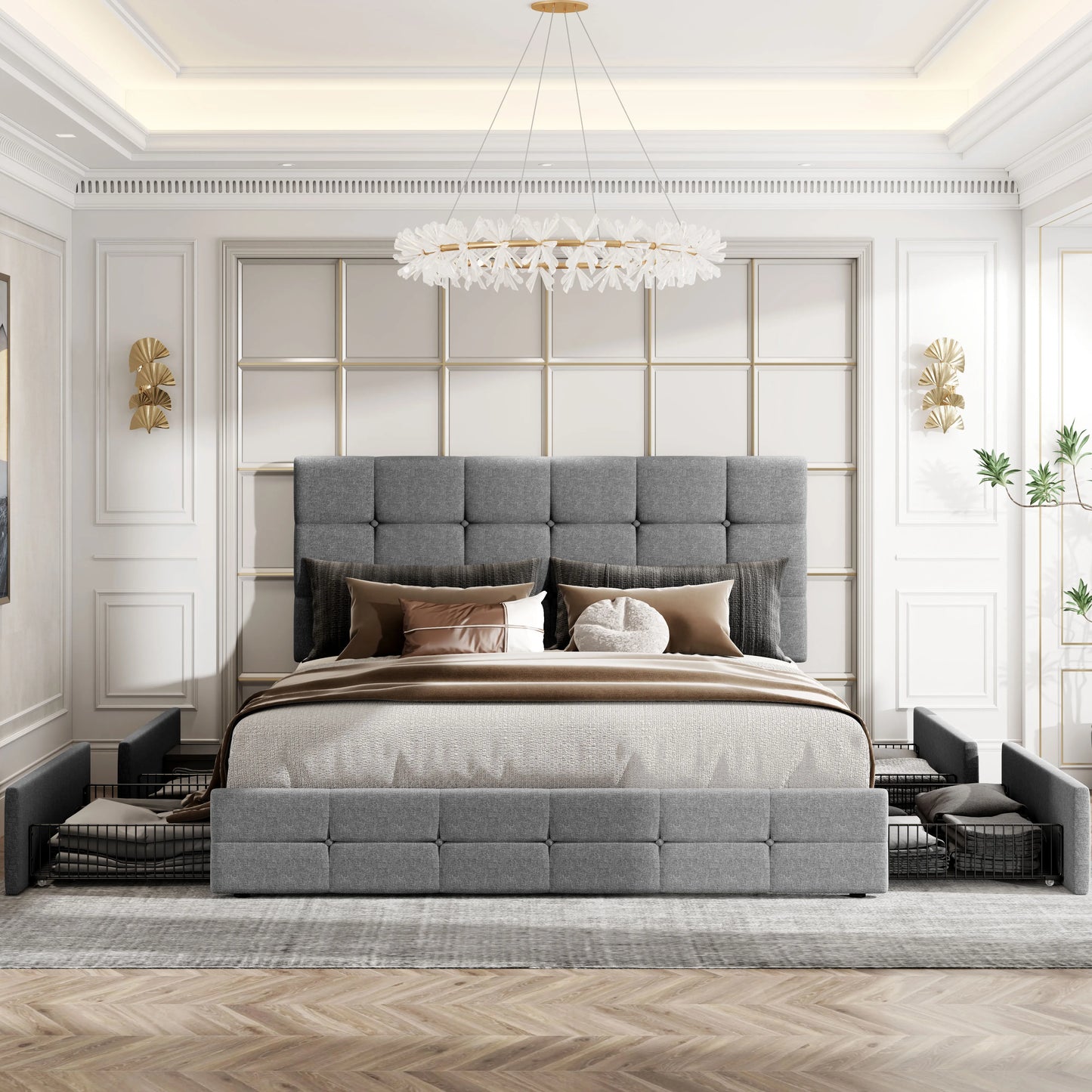 Adjustable Square Stitched Button Platform Headboard Bed Frame with 4 Drawers,