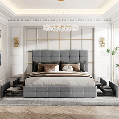 Adjustable Square Stitched Button Platform Headboard Bed Frame with 4 Drawers,