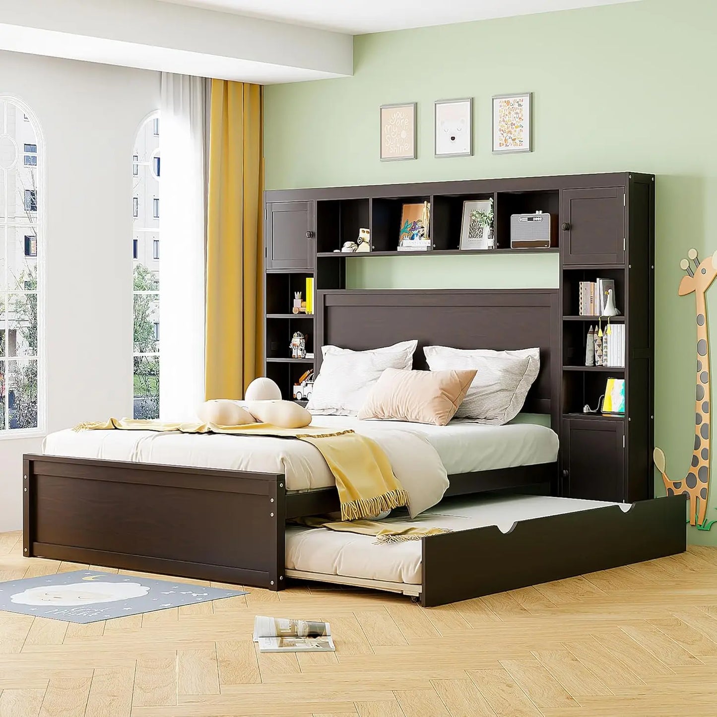 Platform Storage Bed with Bookcase Headboard and Trundle. Trundle and 2 Storage Drawers