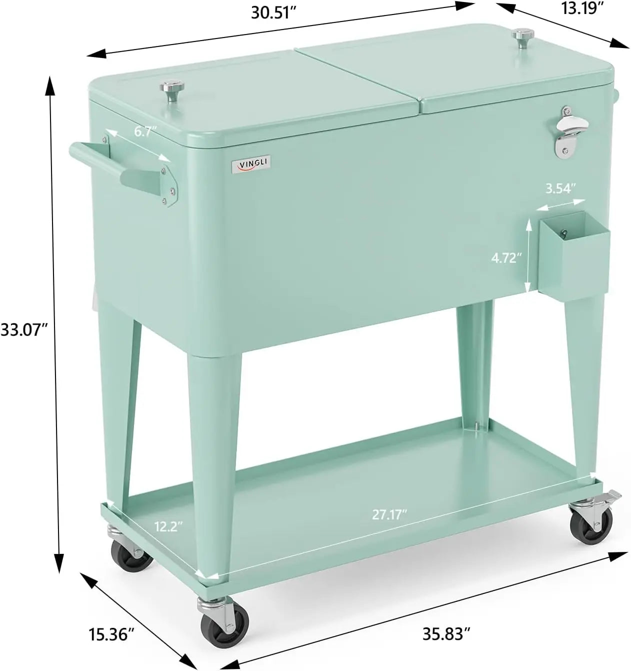 80 Quart Rolling Patio Party Bar Drink Cooler Cart, with Shelf and  Bottle Opener