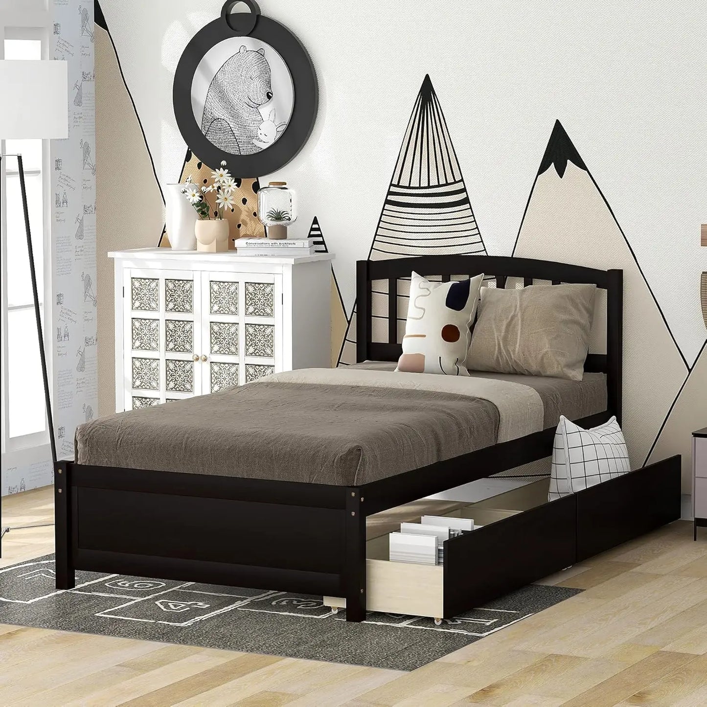 Platform Storage Bed with Bookcase Headboard and Trundle. Trundle and 2 Storage Drawers