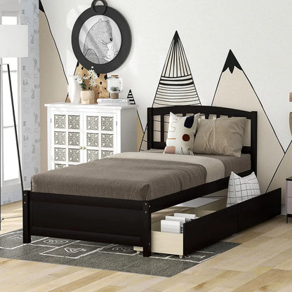 Platform Storage Bed with Bookcase Headboard and Trundle. Trundle and 2 Storage Drawers