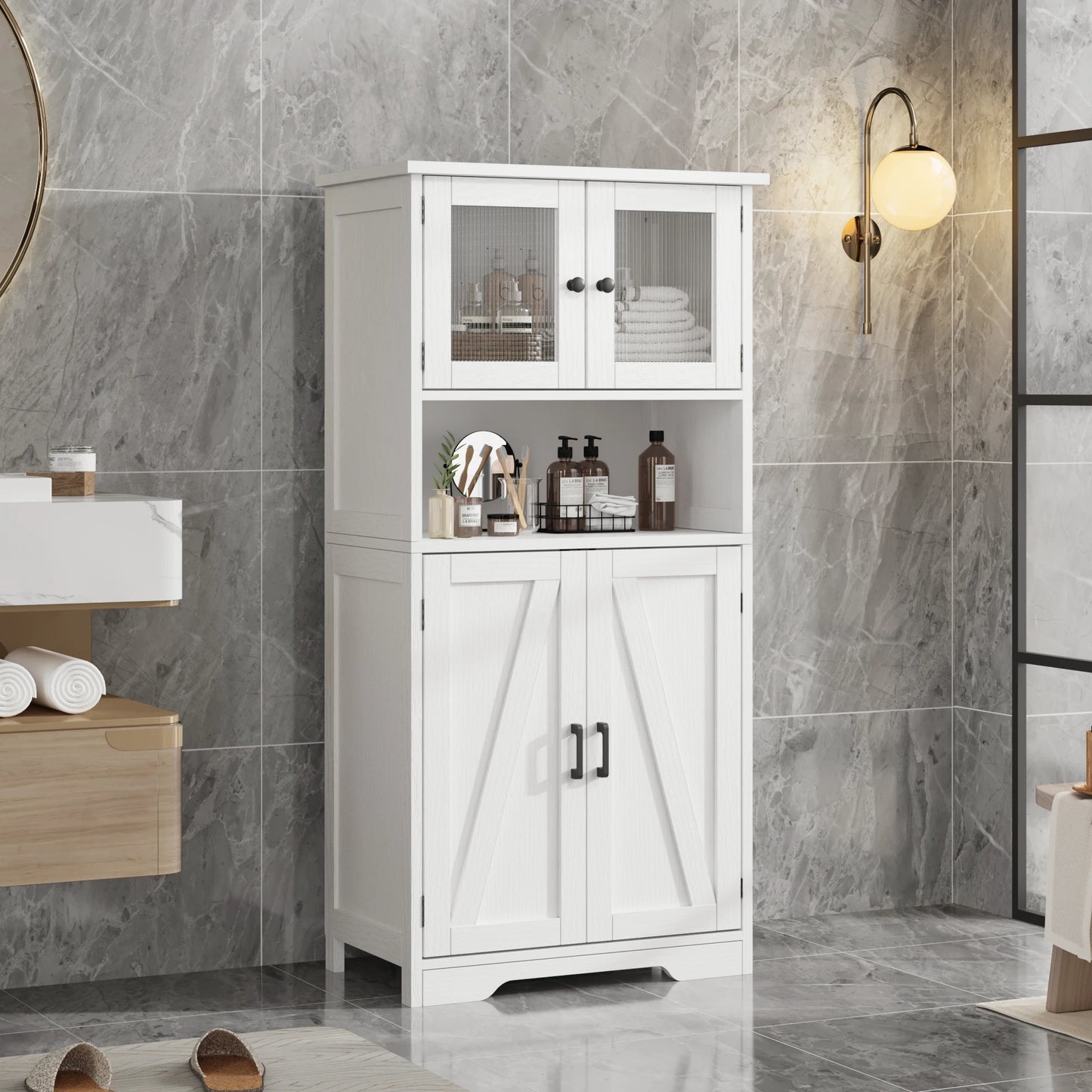 Pantry Cupboard with 2 Wood Doors, 2 Tempered Glass Doors and Open Space.