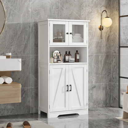 Pantry Cupboard with 2 Wood Doors, 2 Tempered Glass Doors and Open Space.