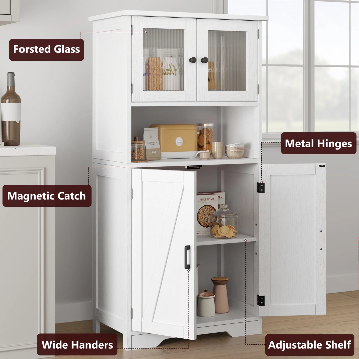 Pantry Cupboard with 2 Wood Doors, 2 Tempered Glass Doors and Open Space.