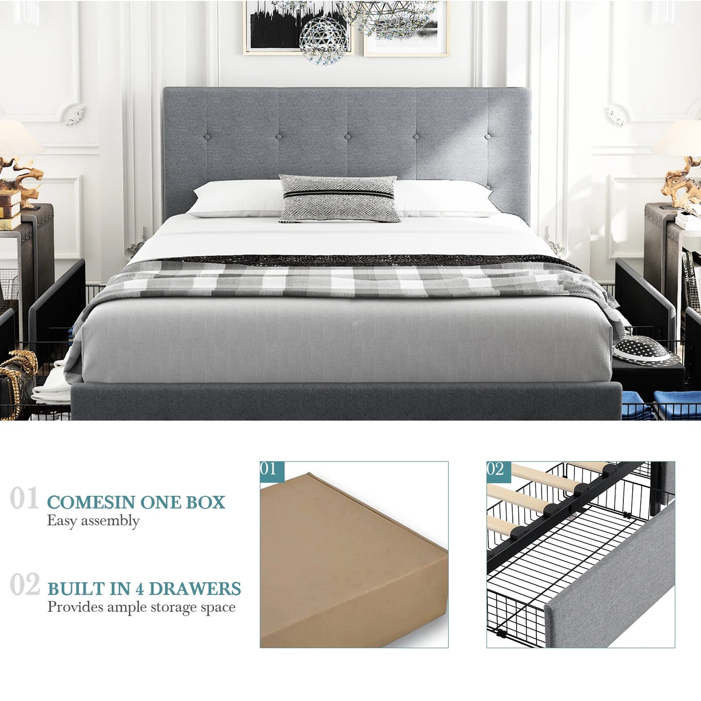 Adjustable Square Stitched Button Platform Headboard Bed Frame with 4 Drawers,