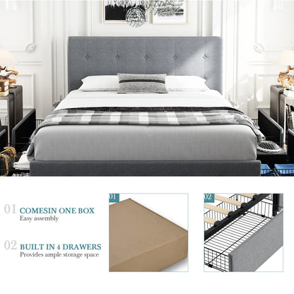 Adjustable Square Stitched Button Platform Headboard Bed Frame with 4 Drawers,