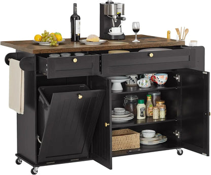 60" Rolling Kitchen Island with Power Outlet, Drop Leaf,  Spice Rack and Towel Rack.
