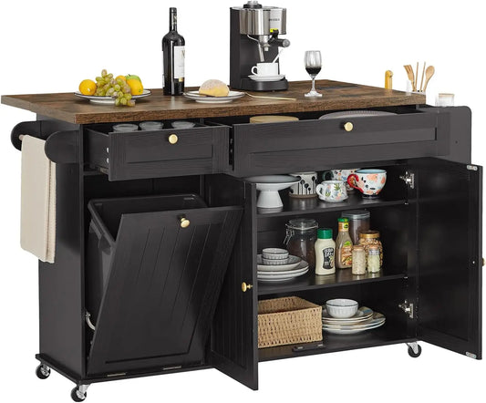 60" Rolling Kitchen Island with Power Outlet, Drop Leaf,  Spice Rack and Towel Rack.