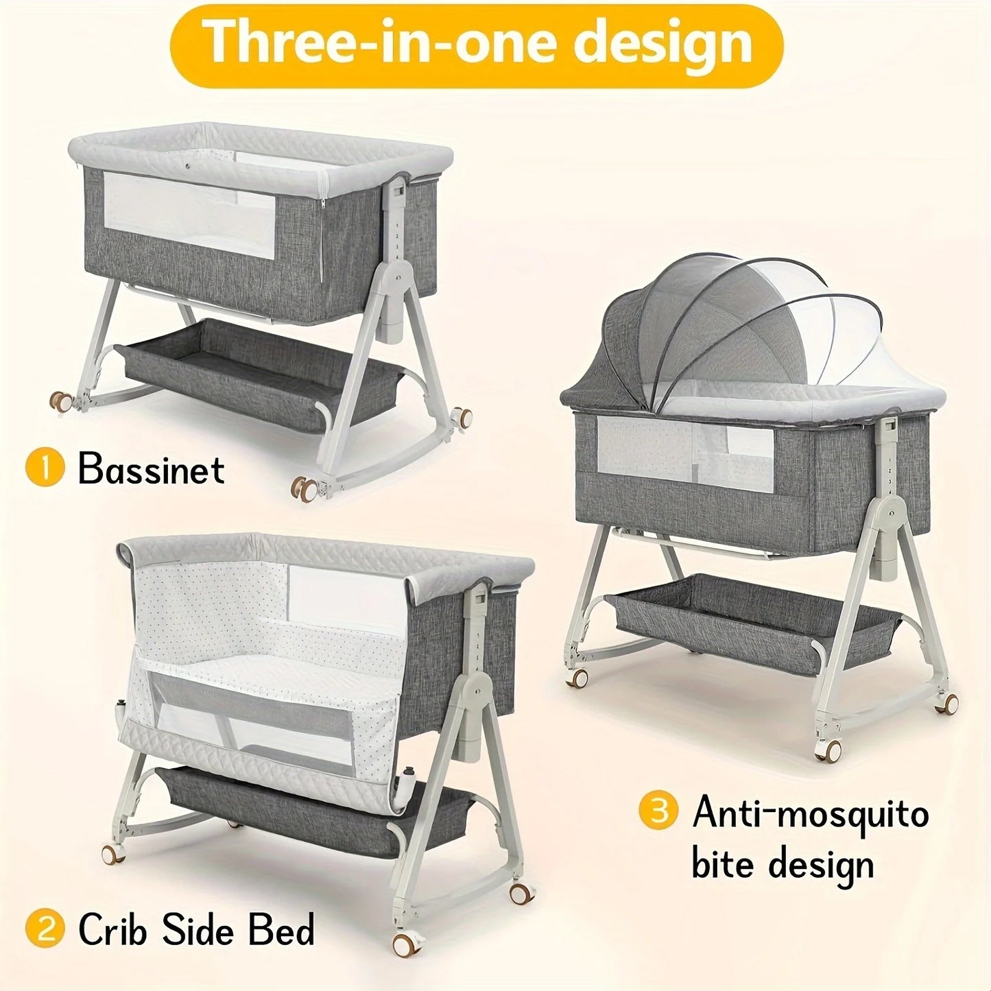3 in 1 Bassinet Bedside Sleeper with Wheels
