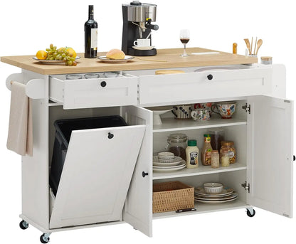 60" Rolling Kitchen Island with Power Outlet, Drop Leaf,  Spice Rack and Towel Rack.