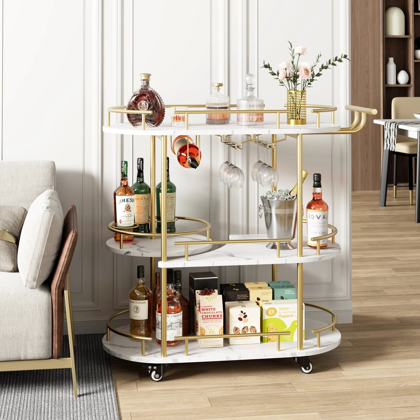Mobile Bar Serving Carts On Wheels with Wine Rack and Glass Holder.