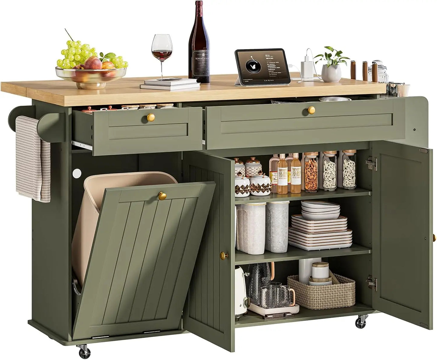 60" Rolling Kitchen Island with Power Outlet, Drop Leaf,  Spice Rack and Towel Rack.