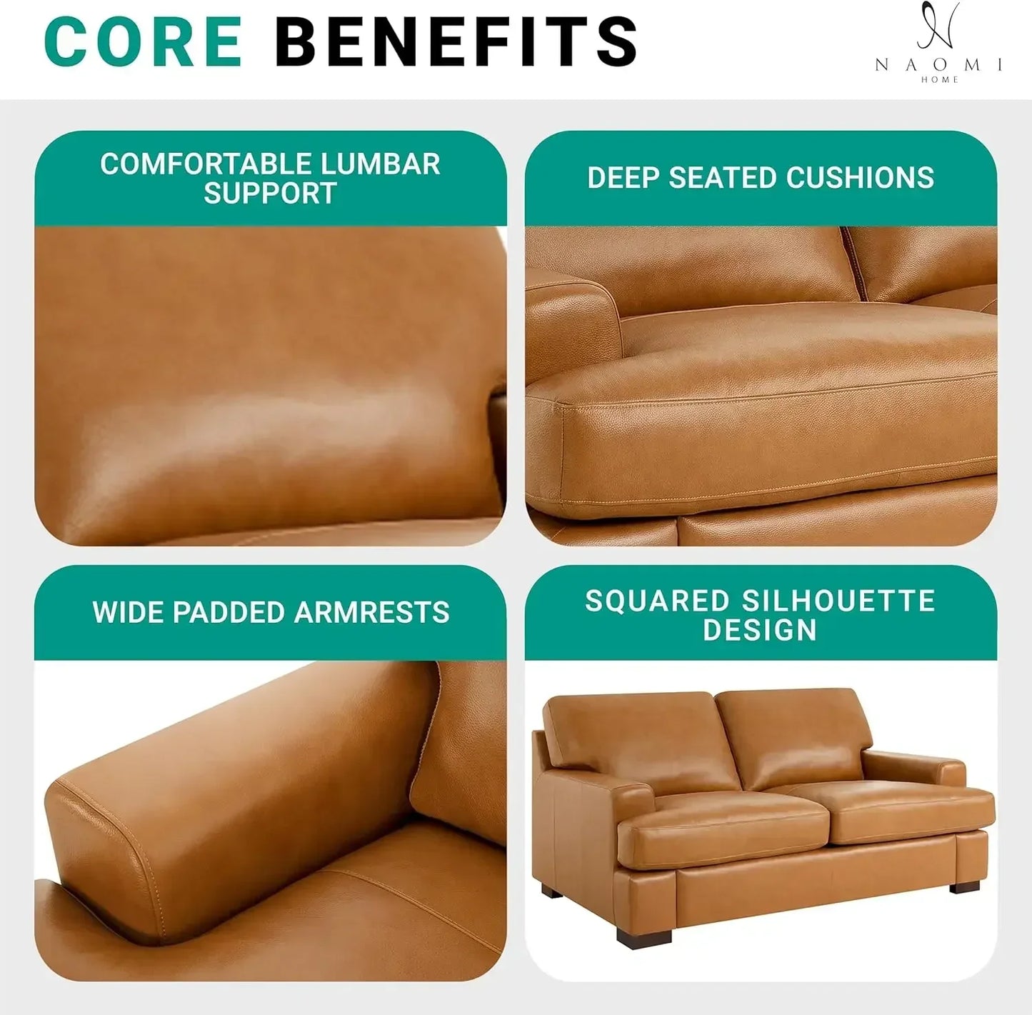 3 Luxurious Leather Comfort, Goose Feather Cushion Filling, Square Arm Design, Sturdy Block Set