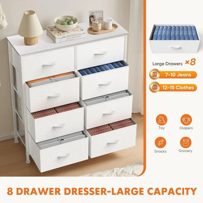 Dresser with 8 Drawers Wooden Top and Metal Frame
