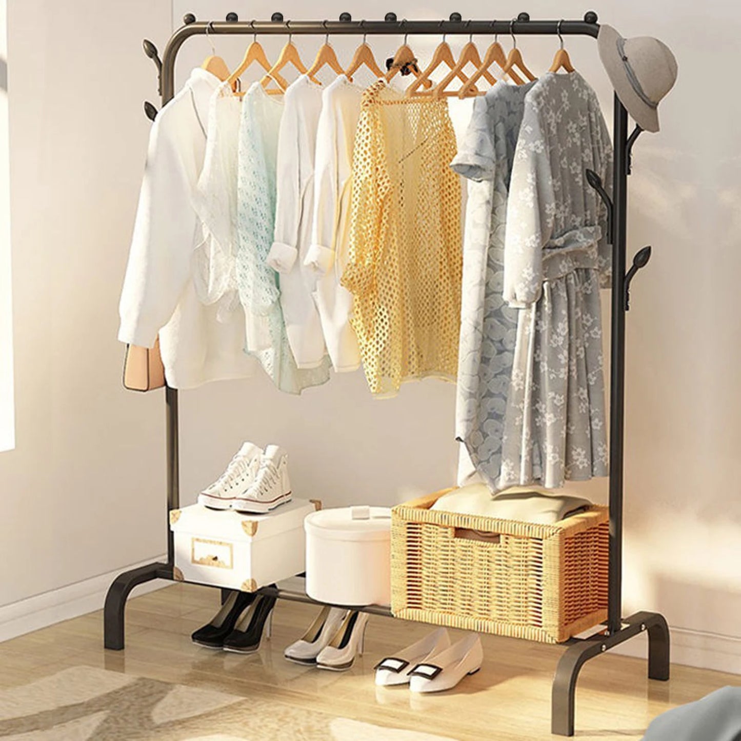 Telescopic Heavy-Duty Movable Metal Garment Movable Clothes Rack