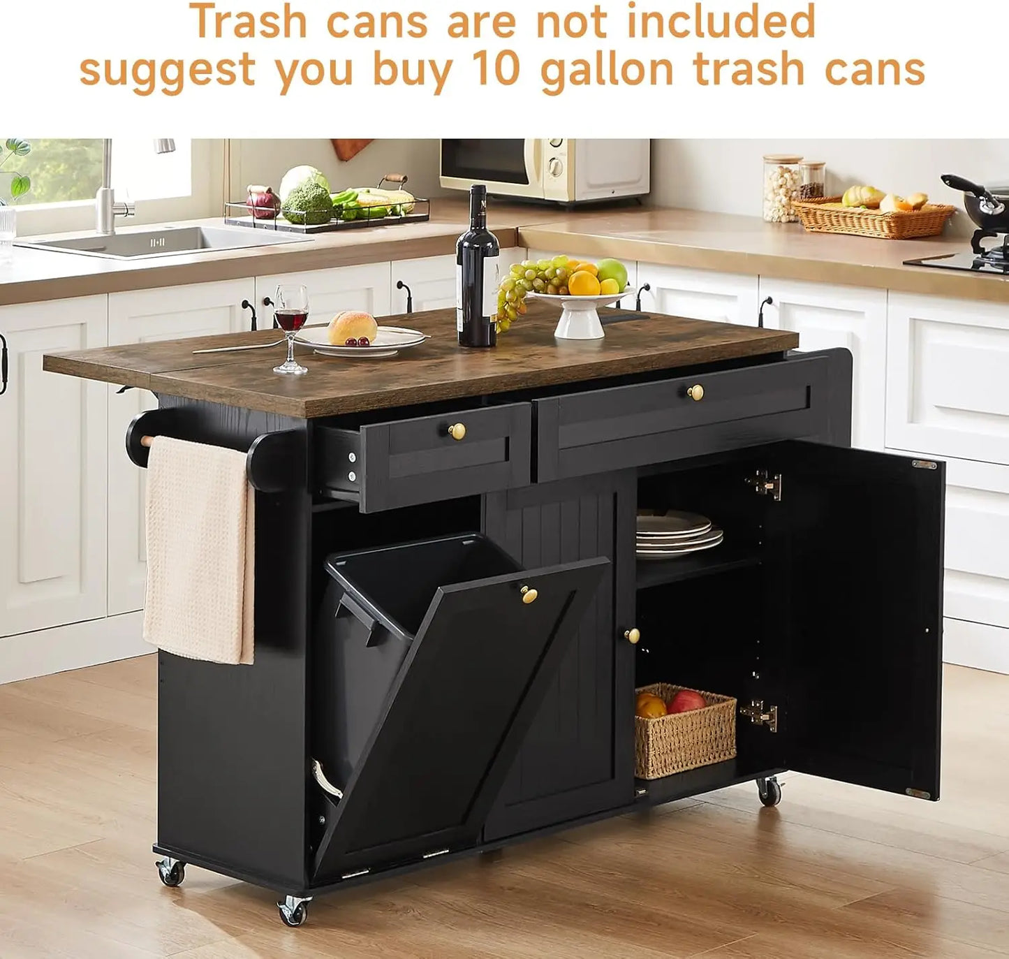 60" Rolling Kitchen Island with Power Outlet, Drop Leaf,  Spice Rack and Towel Rack.