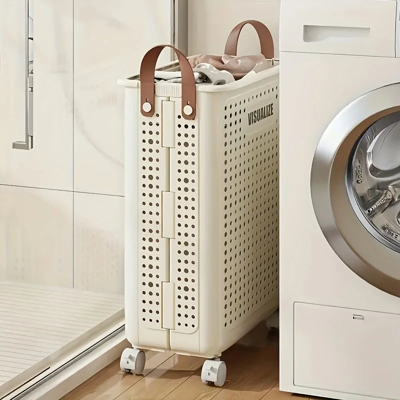 Foldable Laundry supplies storage with wheels.