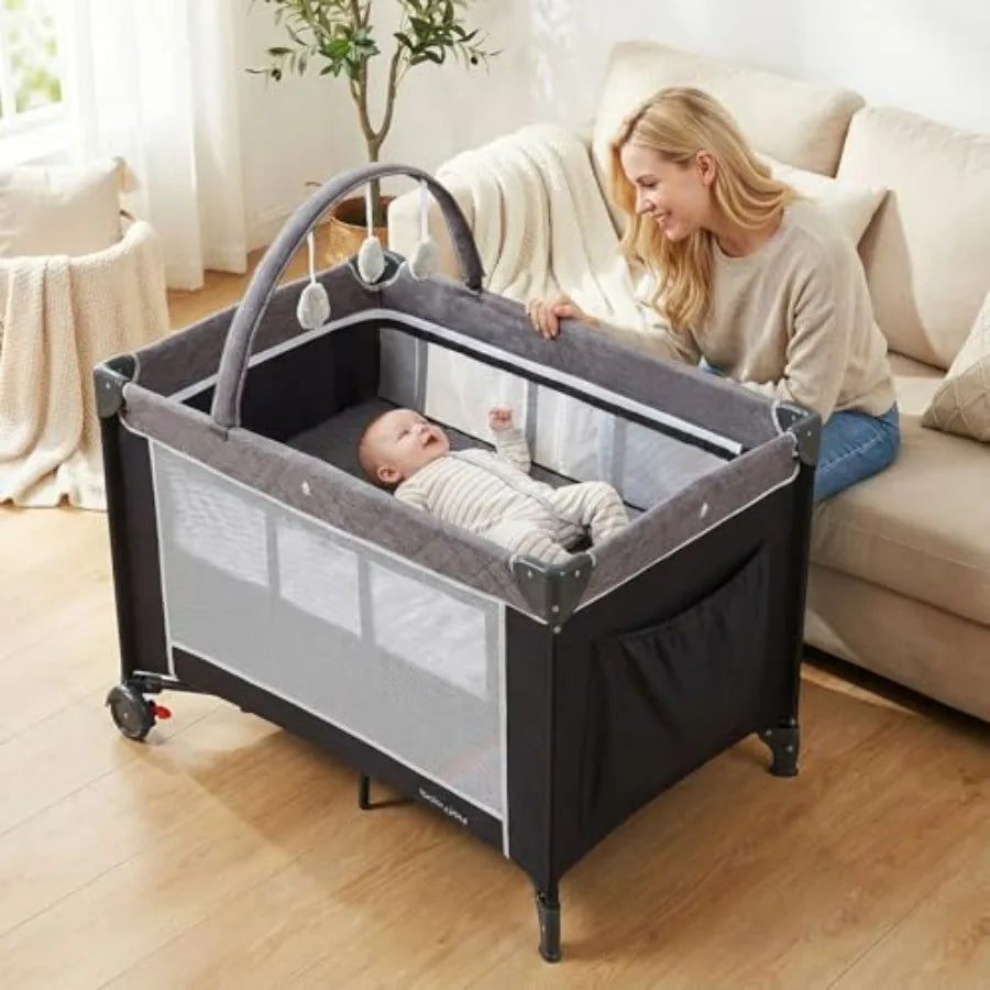 Pack and Play ; Travel Crib;  Bassinet Bed for Baby with Changing Table Safety Belt