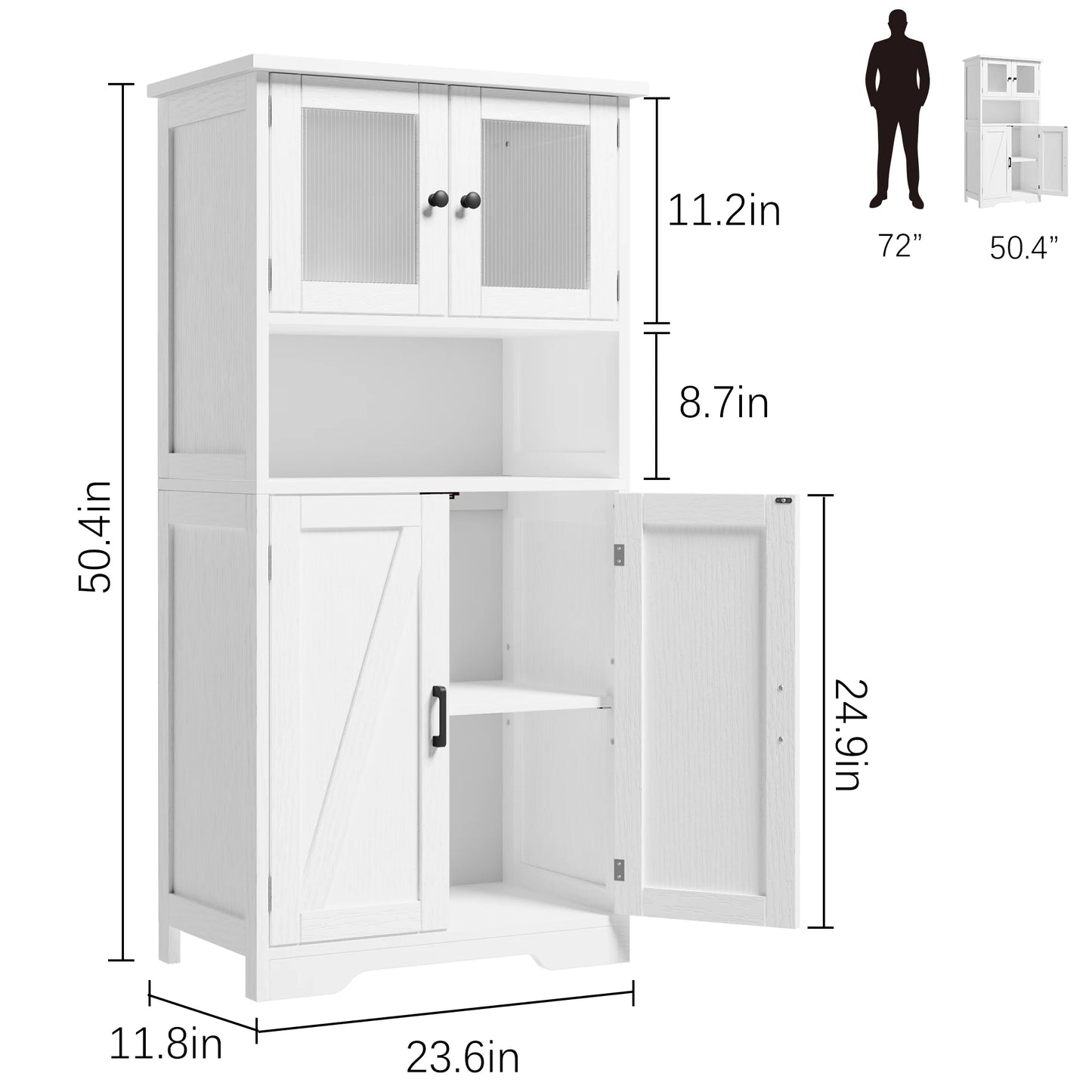 Pantry Cupboard with 2 Wood Doors, 2 Tempered Glass Doors and Open Space.