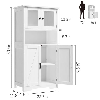 Pantry Cupboard with 2 Wood Doors, 2 Tempered Glass Doors and Open Space.