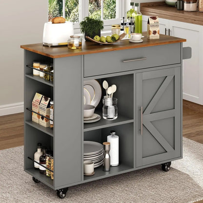 Kitchen Island cart with wheels,  spice rack and towel rack. .