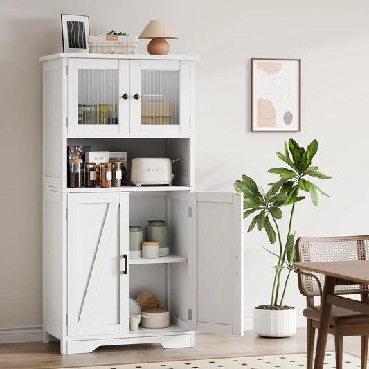 Pantry Cupboard with 2 Wood Doors, 2 Tempered Glass Doors and Open Space.