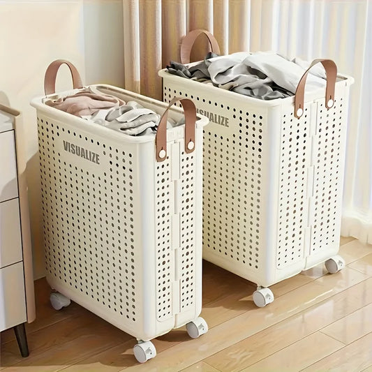 Foldable Laundry supplies storage with wheels.