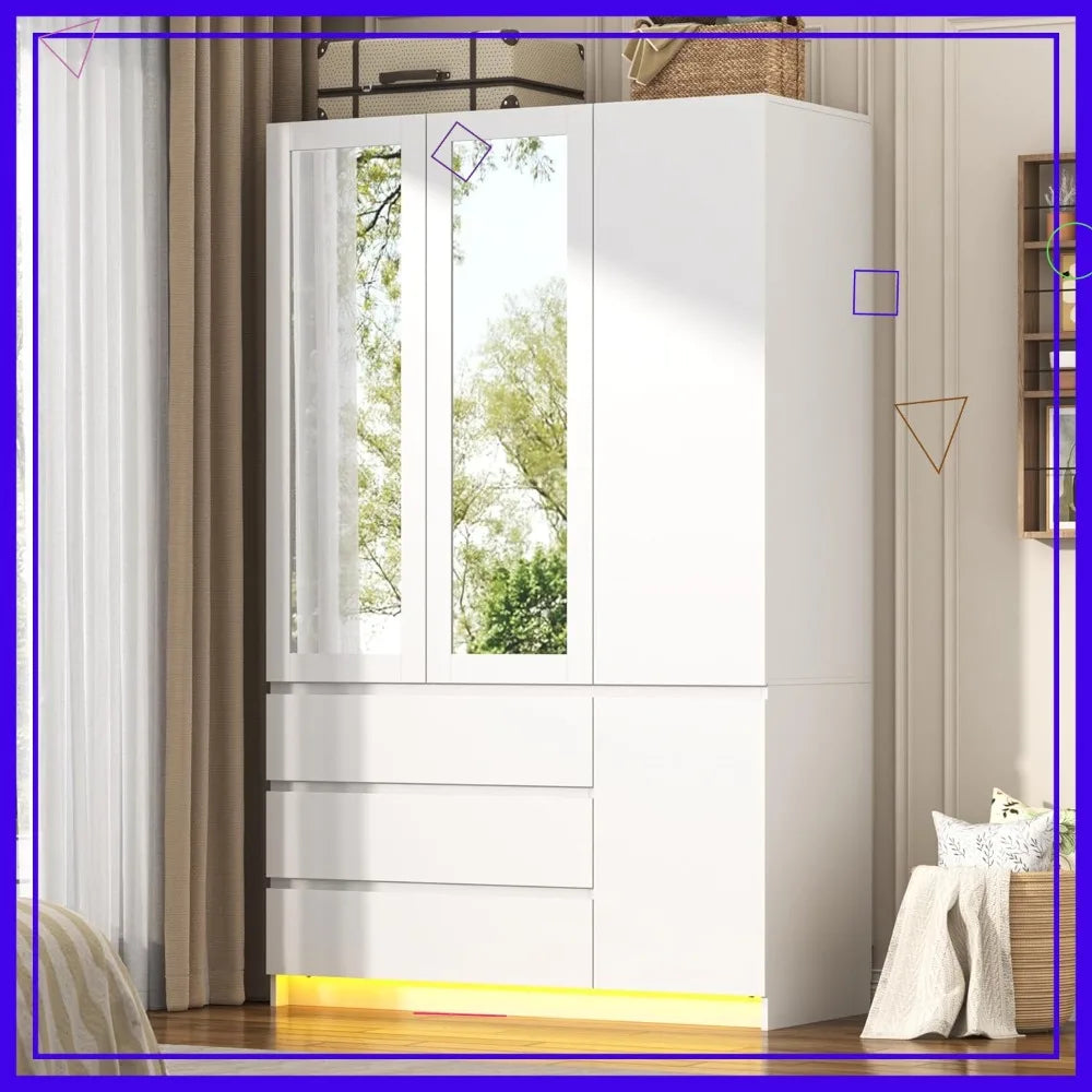 Armoire with 3 Doors, Drawers, Mirror & LED Lights for Storage
