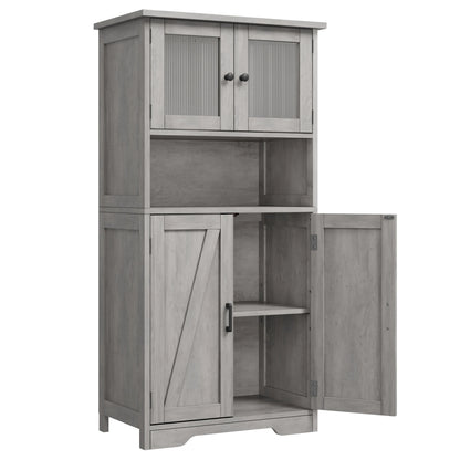 Pantry Cupboard with 2 Wood Doors, 2 Tempered Glass Doors and Open Space.