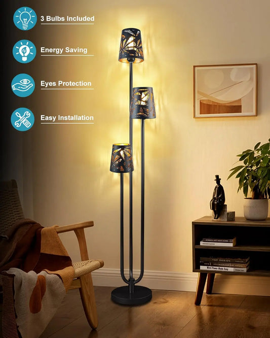 3-Light Mid Century Modern Black Standing Floor Lamp