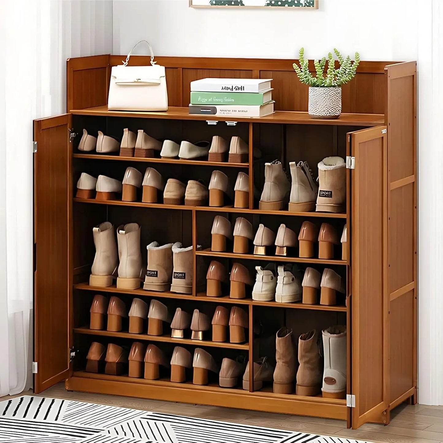 8-Tier Bamboo  Shoe Cabinet/Organizer with Doors