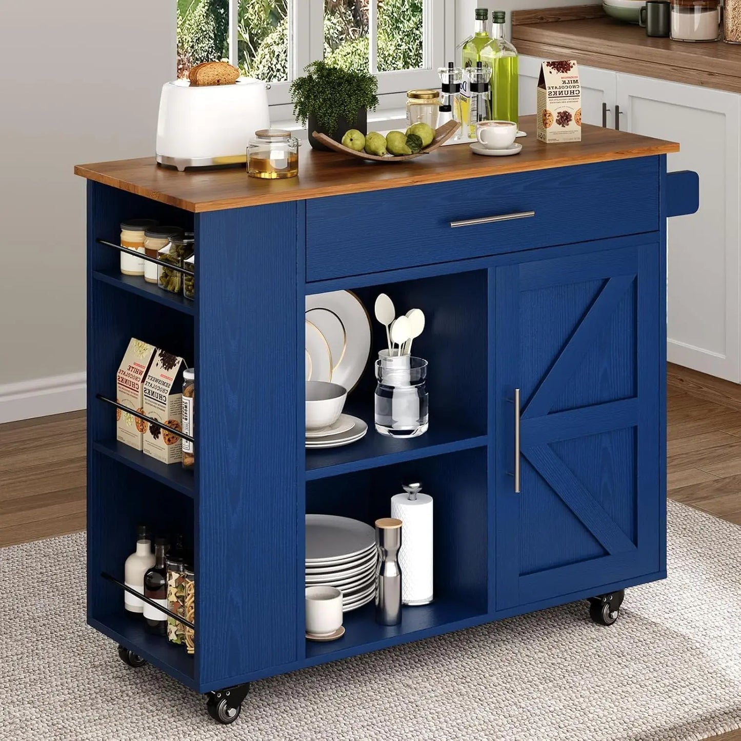 Kitchen Island cart with wheels,  spice rack and towel rack. .