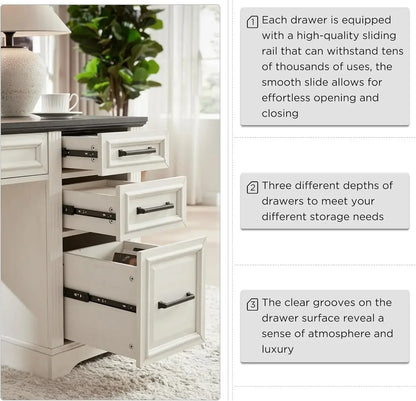58" Farmhouse Executive Computer Desk with Drawers and Cabinet, Embossed Texture Home Office Desk, Off White.