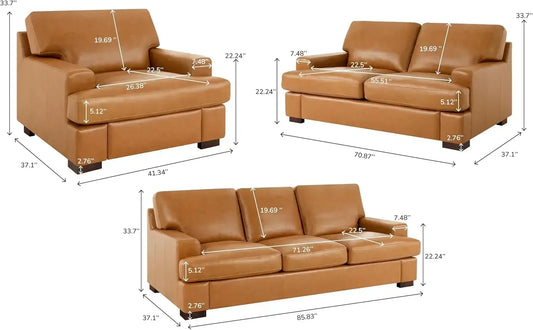 3 Luxurious Leather Comfort, Goose Feather Cushion Filling, Square Arm Design, Sturdy Block Set