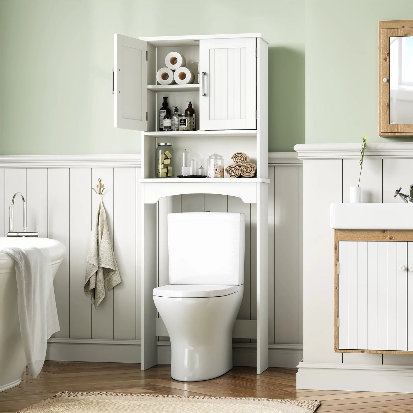 Above Toilet Bathroom Organizer with Double Doors and  Open Shelf.