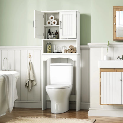 Above Toilet Bathroom Organizer with Double Doors and  Open Shelf.
