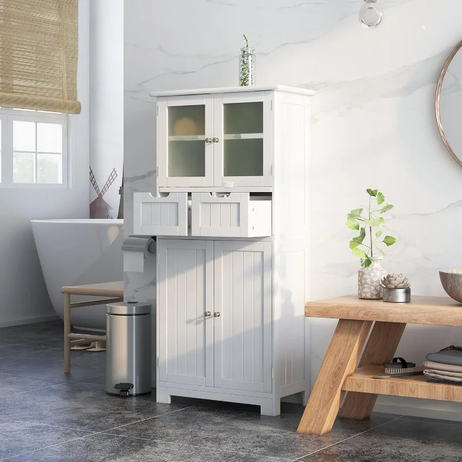 Tall Bathroom Cabinet Freestanding Floor Cabinet w 2 Double Door 2 Drawers