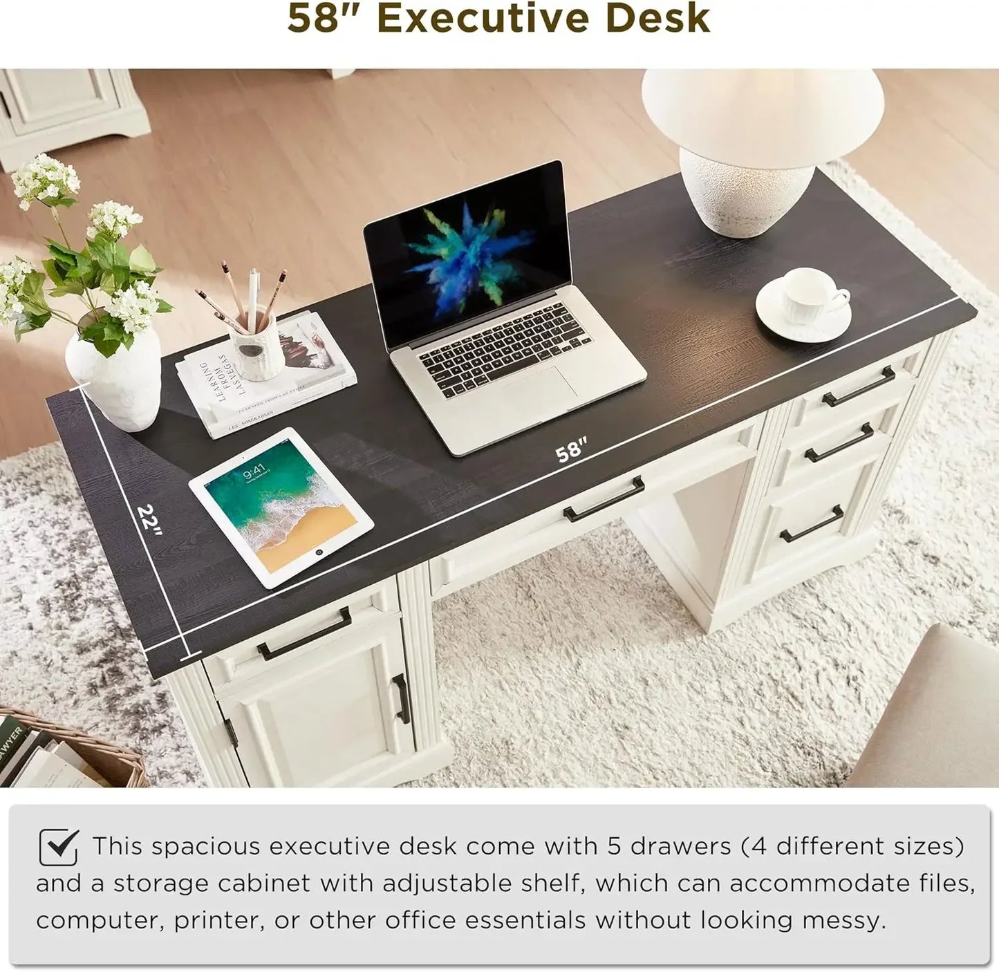 58" Farmhouse Executive Computer Desk with Drawers and Cabinet, Embossed Texture Home Office Desk, Off White.