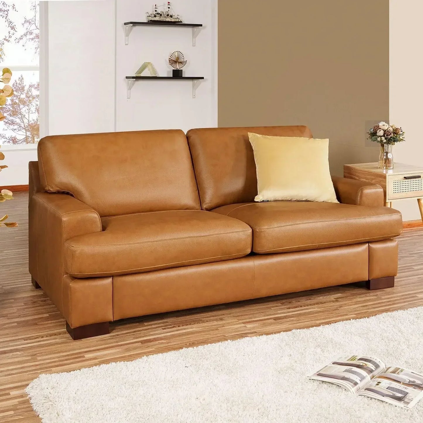 3 Luxurious Leather Comfort, Goose Feather Cushion Filling, Square Arm Design, Sturdy Block Set